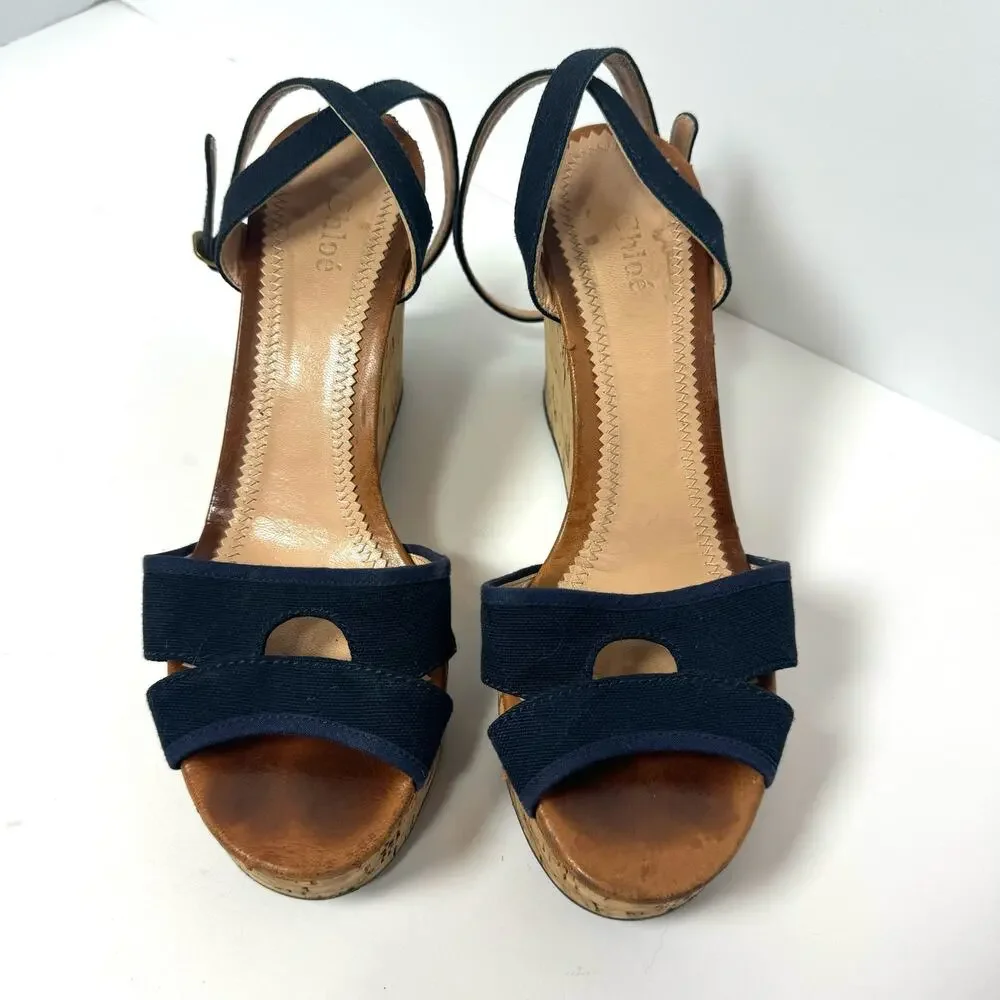 CHLOE Blue Wedge Open Toes Sandal Heel Size 40